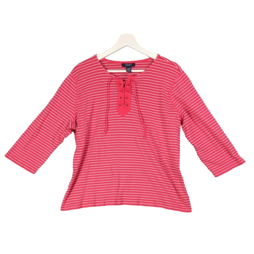 Chaps Women Nautical Coastal 100% Cotton Top 2X Pink Striped Lace Up V-Neck